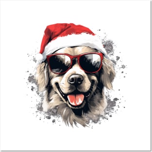 Magical Christmas Golden Retriever in the snow: cute four-legged friend with festive hat Posters and Art